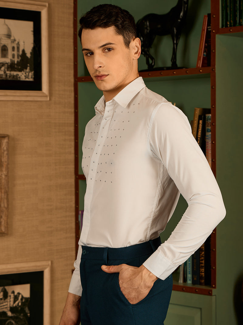 White: Long Sleeves Embellished Party Wear Shirt