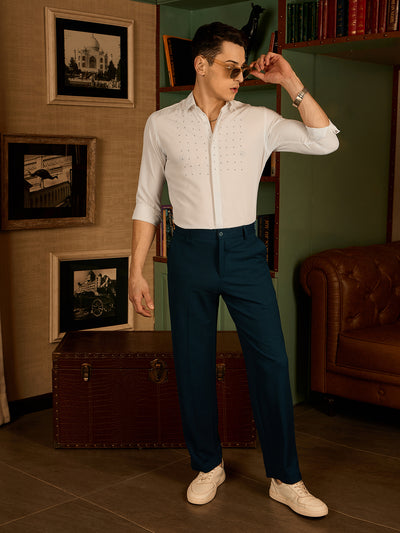 White: Long Sleeves Embellished Party Wear Shirt