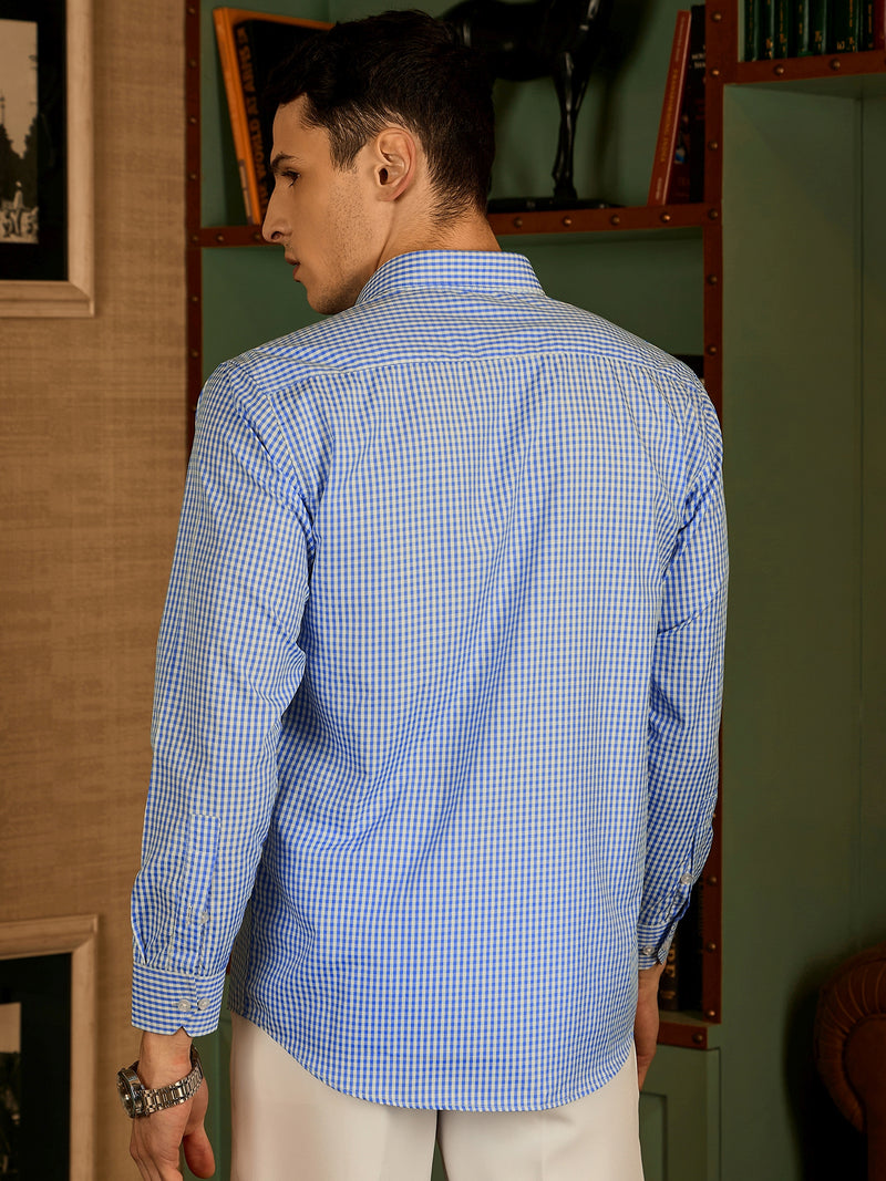 Light Blue and White: Full Sleeves Formal Micro Checked Shirt