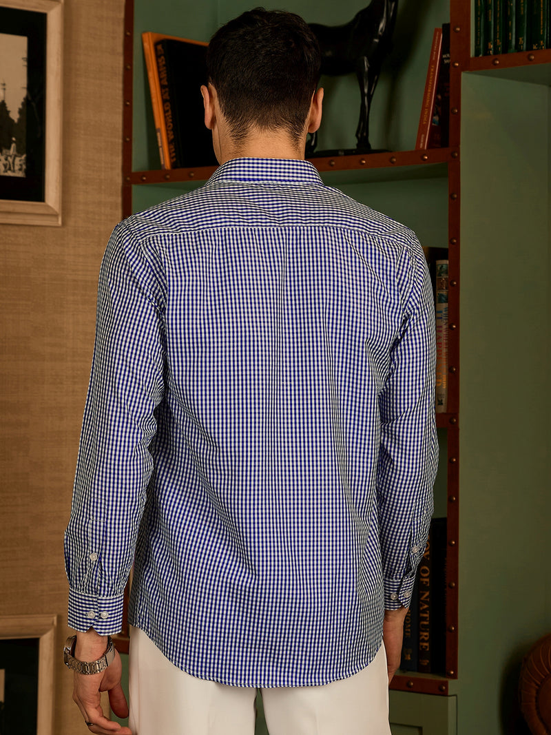 Dark Blue and White: Full Sleeves Formal Micro Checked Shirt