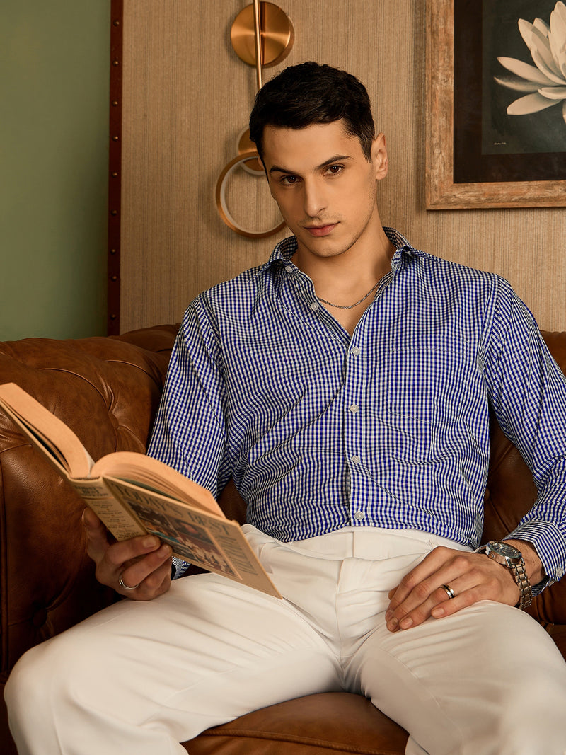 Dark Blue and White: Full Sleeves Formal Micro Checked Shirt
