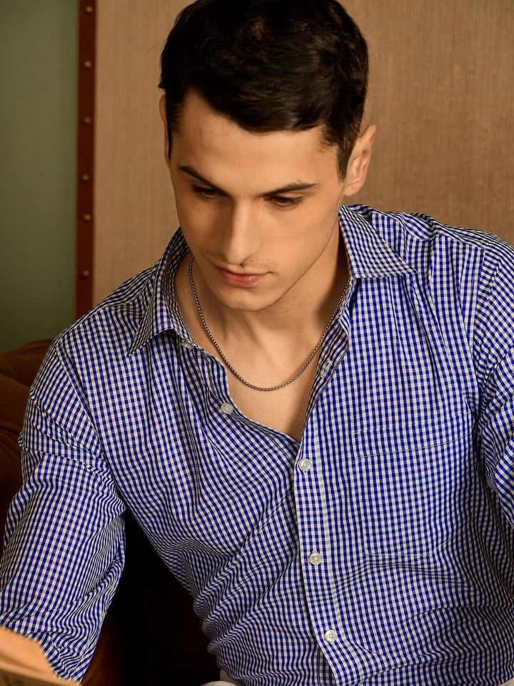 Dark Blue and White: Men's Micro Checked Formal Shirt