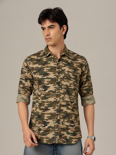 Men Brown  Green Slim Fit Camouflage Printed Casual Shirt