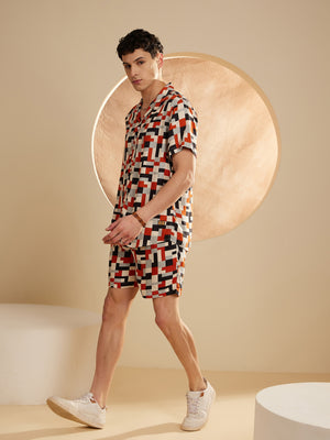 DENNISON Men Cream & Orange Comfort Fit Coord Set | Printed Shirt With Shorts