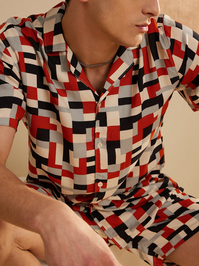 DENNISON Men Cream & Orange Comfort Fit Coord Set | Printed Shirt With Shorts