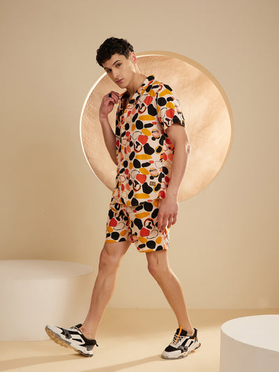 DENNISON Men Cream Comfort Fit Coord Set | Printed Shirt With Shorts