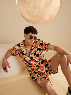 DENNISON Men Cream Comfort Fit Coord Set | Printed Shirt With Shorts