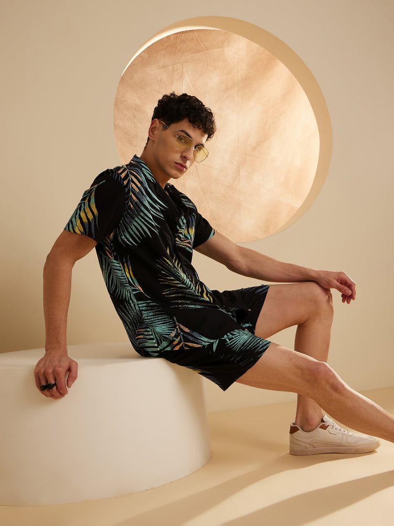 DENNISON Men Black & Blue Comfort Fit Coord Set | Printed Shirt With Shorts