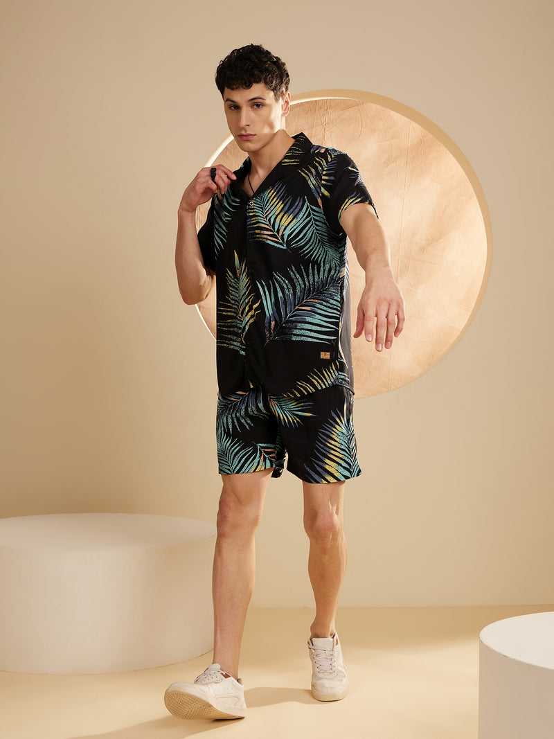DENNISON Men Black & Blue Comfort Fit Coord Set | Printed Shirt With Shorts
