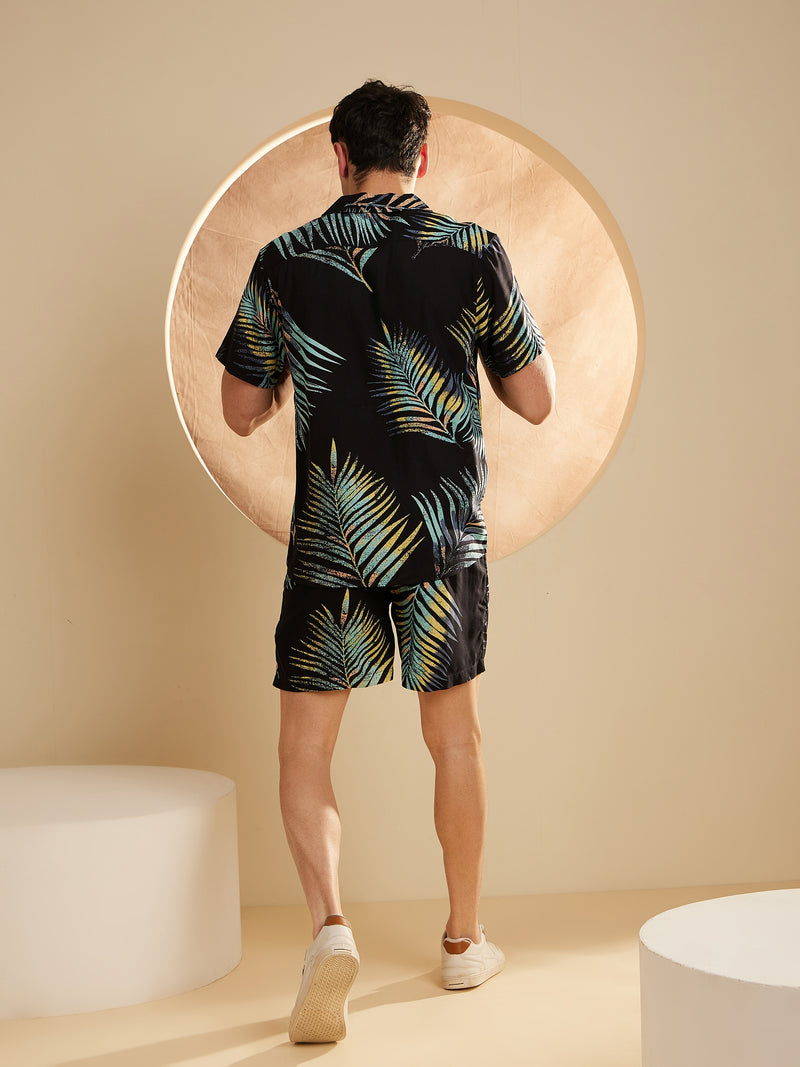 DENNISON Men Black & Blue Comfort Fit Coord Set | Printed Shirt With Shorts
