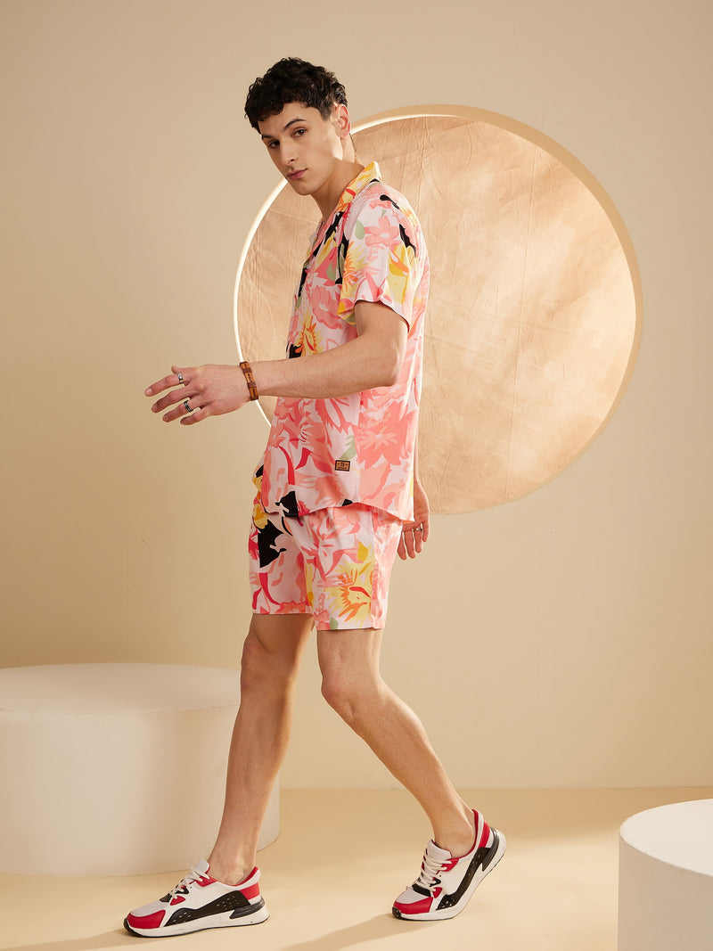 DENNISON Men Peach Comfort Fit Coord Set | Printed Shirt With Shorts