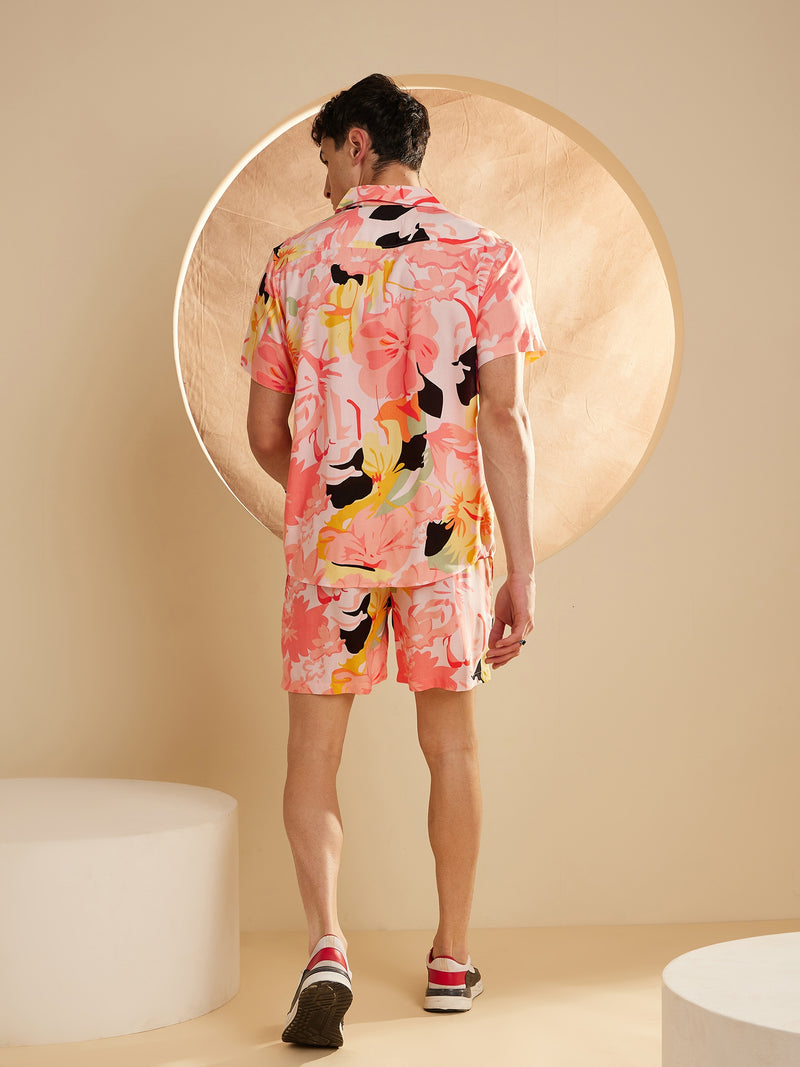DENNISON Men Peach Comfort Fit Coord Set | Printed Shirt With Shorts