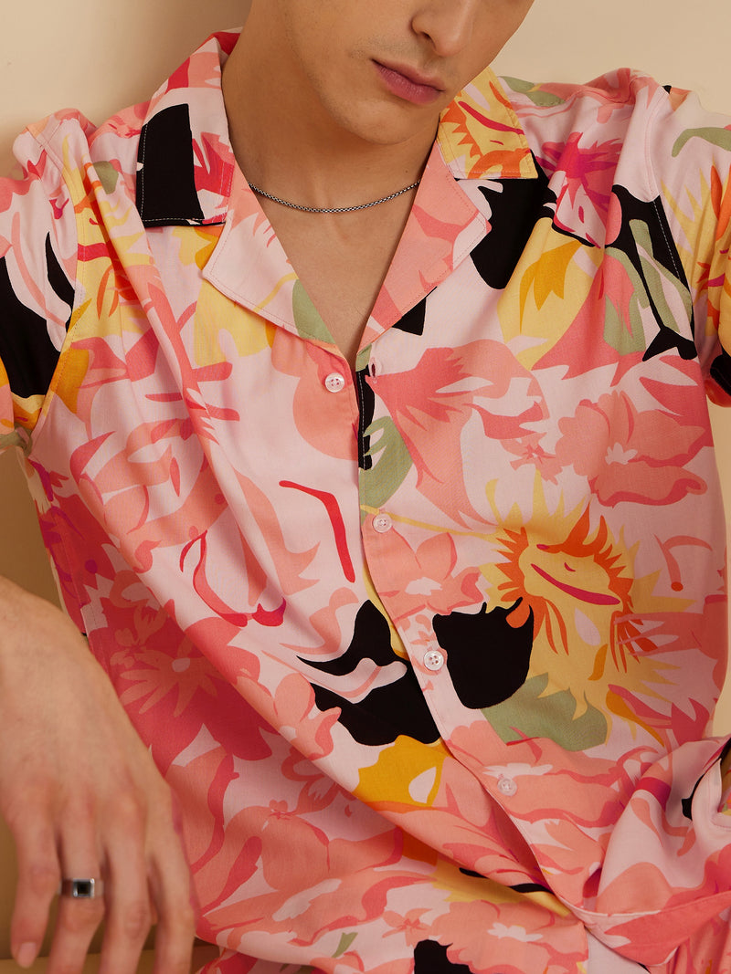 DENNISON Men Peach Comfort Fit Coord Set | Printed Shirt With Shorts
