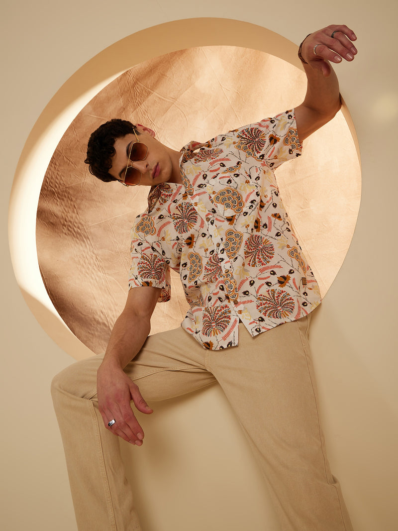 Cream: Half Sleeves Block Printed Shirt