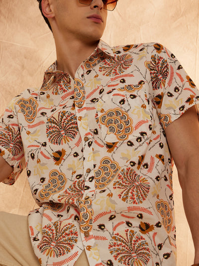 Cream: Half Sleeves Block Printed Shirt