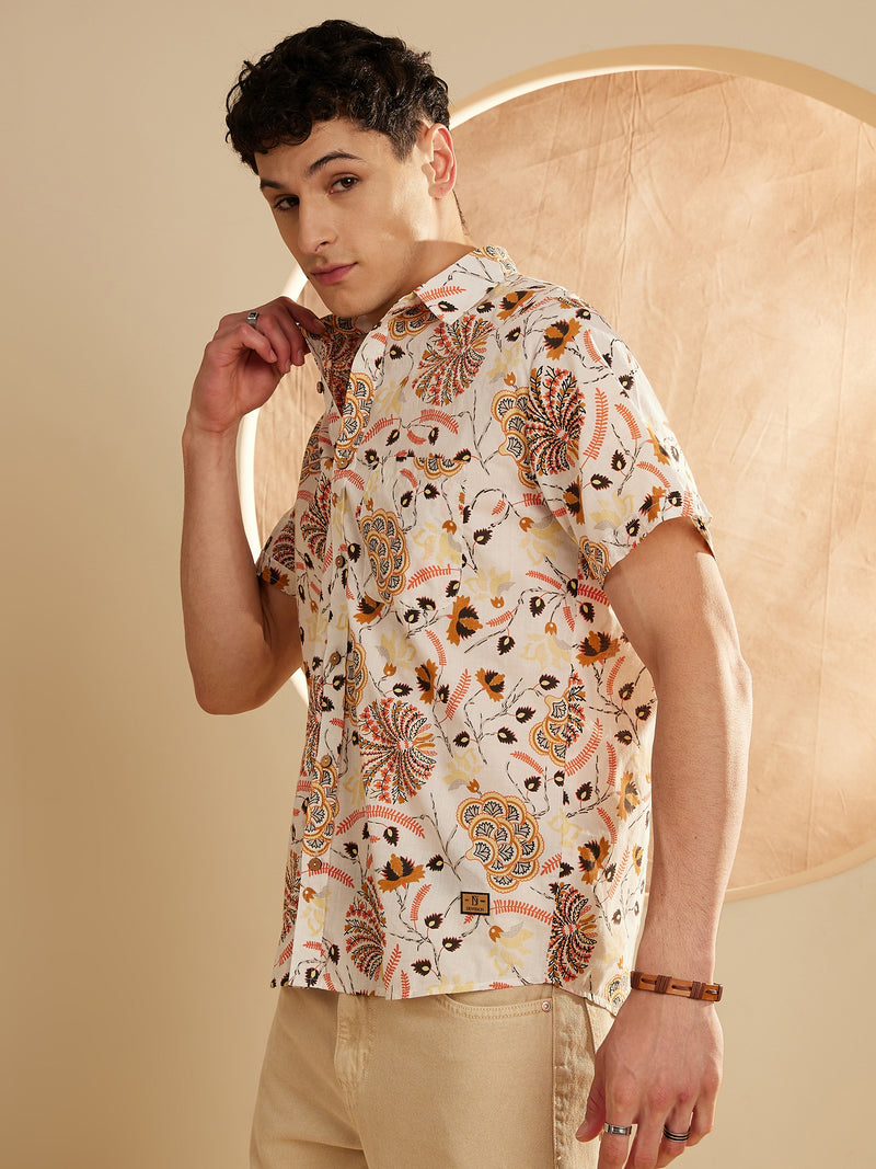 Cream: Half Sleeves Block Printed Shirt
