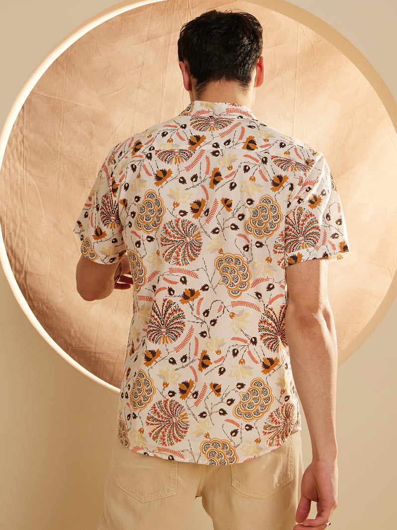 Cream: Half Sleeves Block Printed Shirt