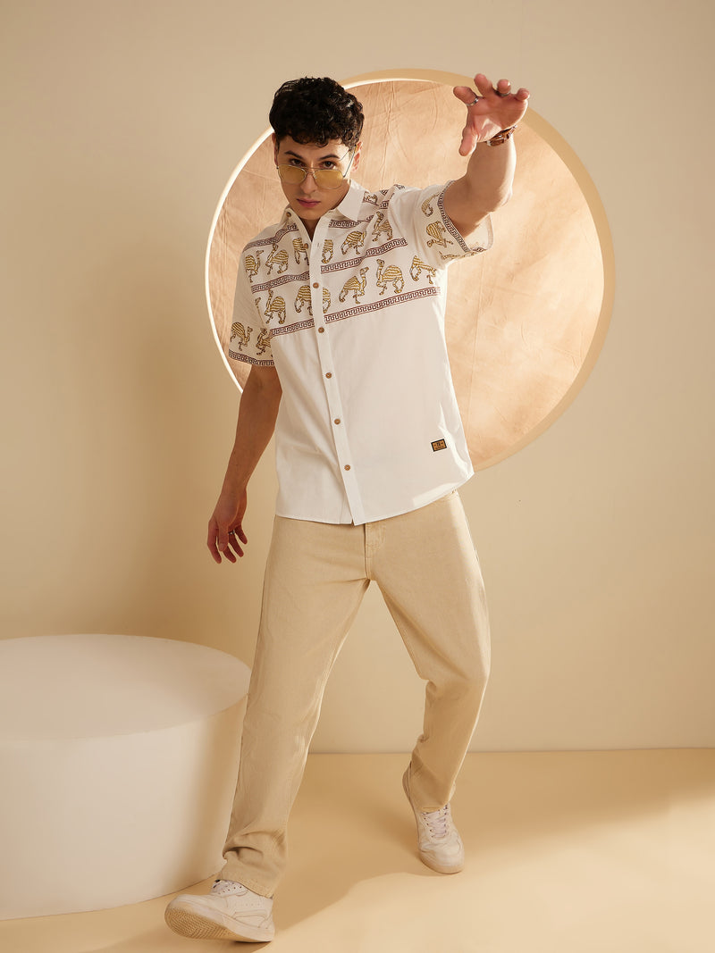 White: Half Sleeves Placement Printed Casual Shirt