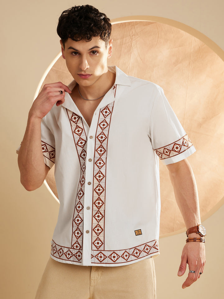 DENNISON White Color Border Printed Casual Shirt