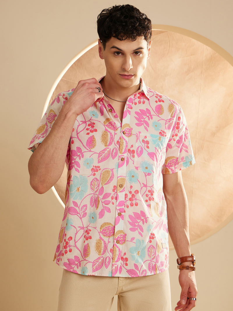 Cream: Half Sleeves Block Printed Thin Cotton Shirt