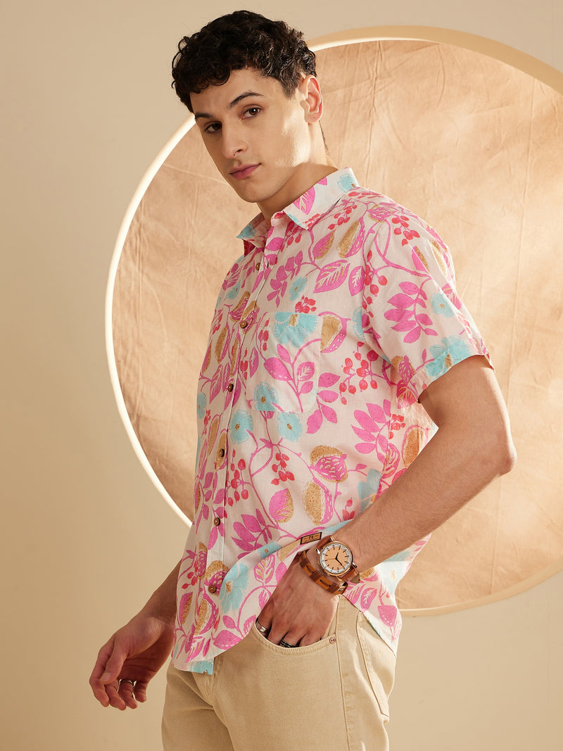 Cream: Half Sleeves Block Printed Thin Cotton Shirt