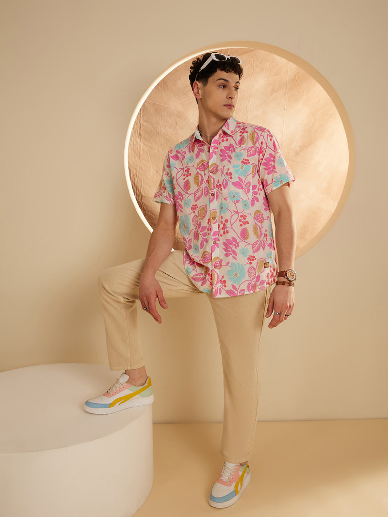 Cream: Half Sleeves Block Printed Thin Cotton Shirt