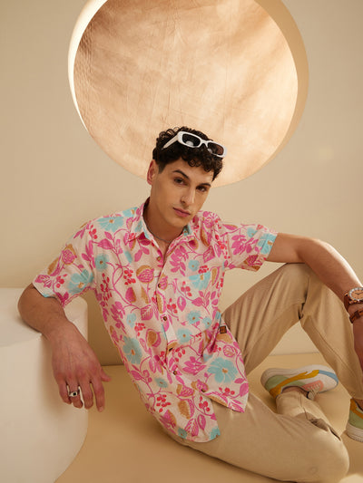 Cream: Half Sleeves Block Printed Thin Cotton Shirt