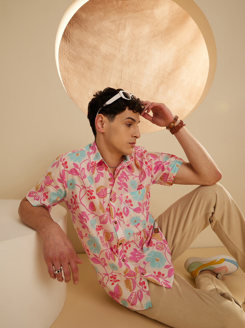 Cream: Half Sleeves Block Printed Thin Cotton Shirt