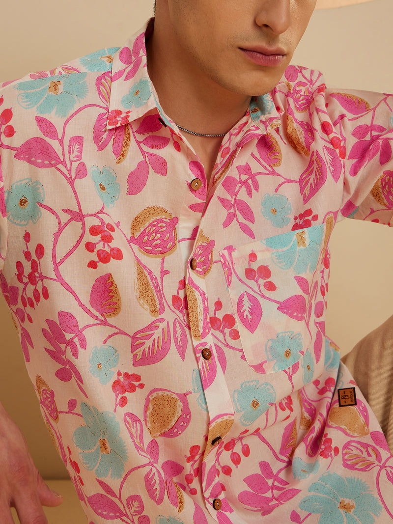 Cream: Half Sleeves Block Printed Thin Cotton Shirt