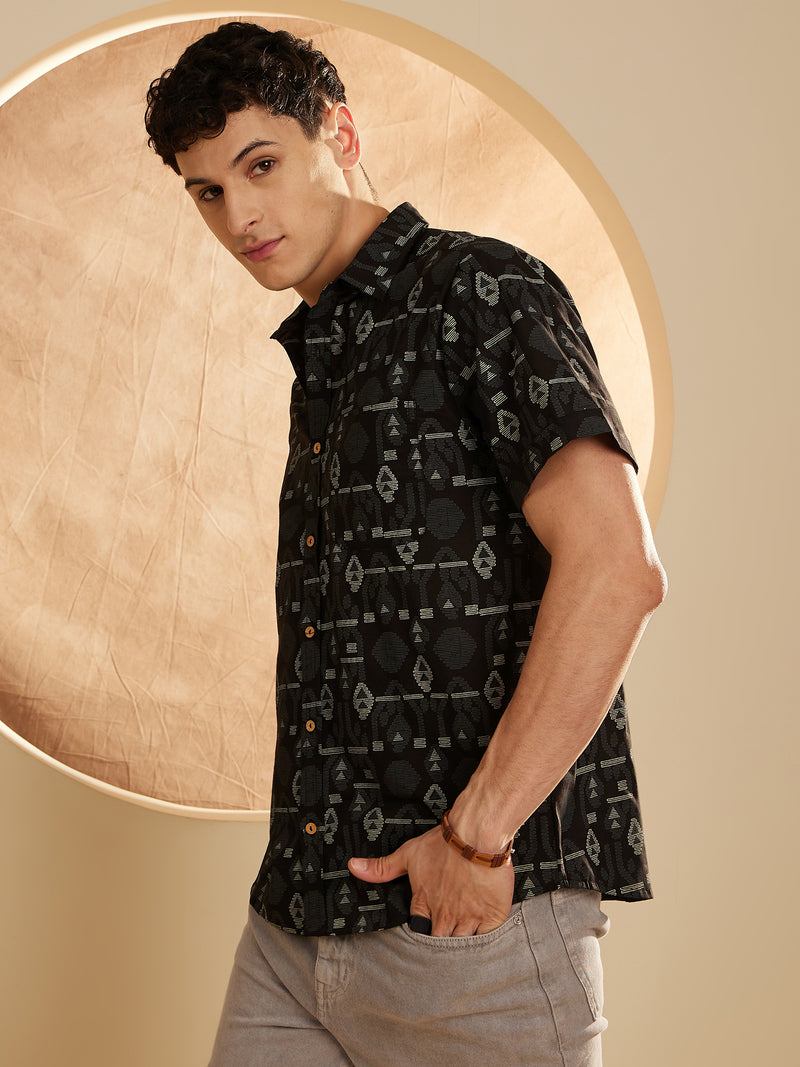 Black: Half Sleeves Geometric Printed Shirt
