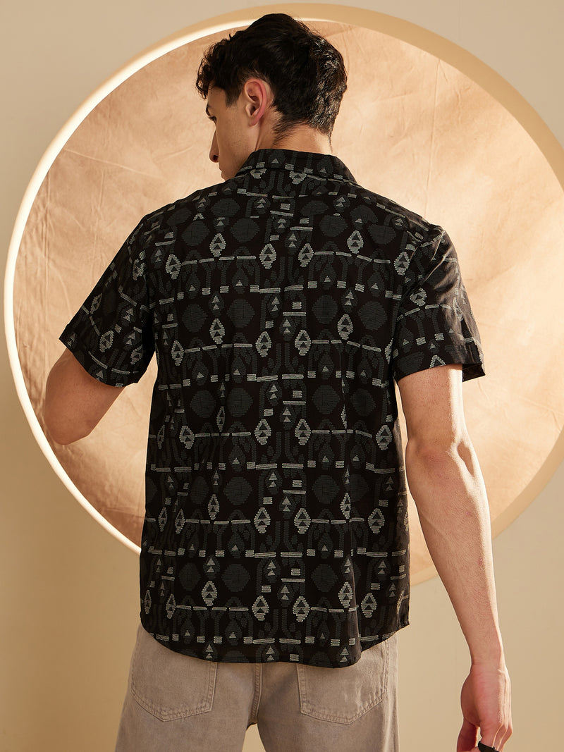 Black: Half Sleeves Geometric Printed Shirt