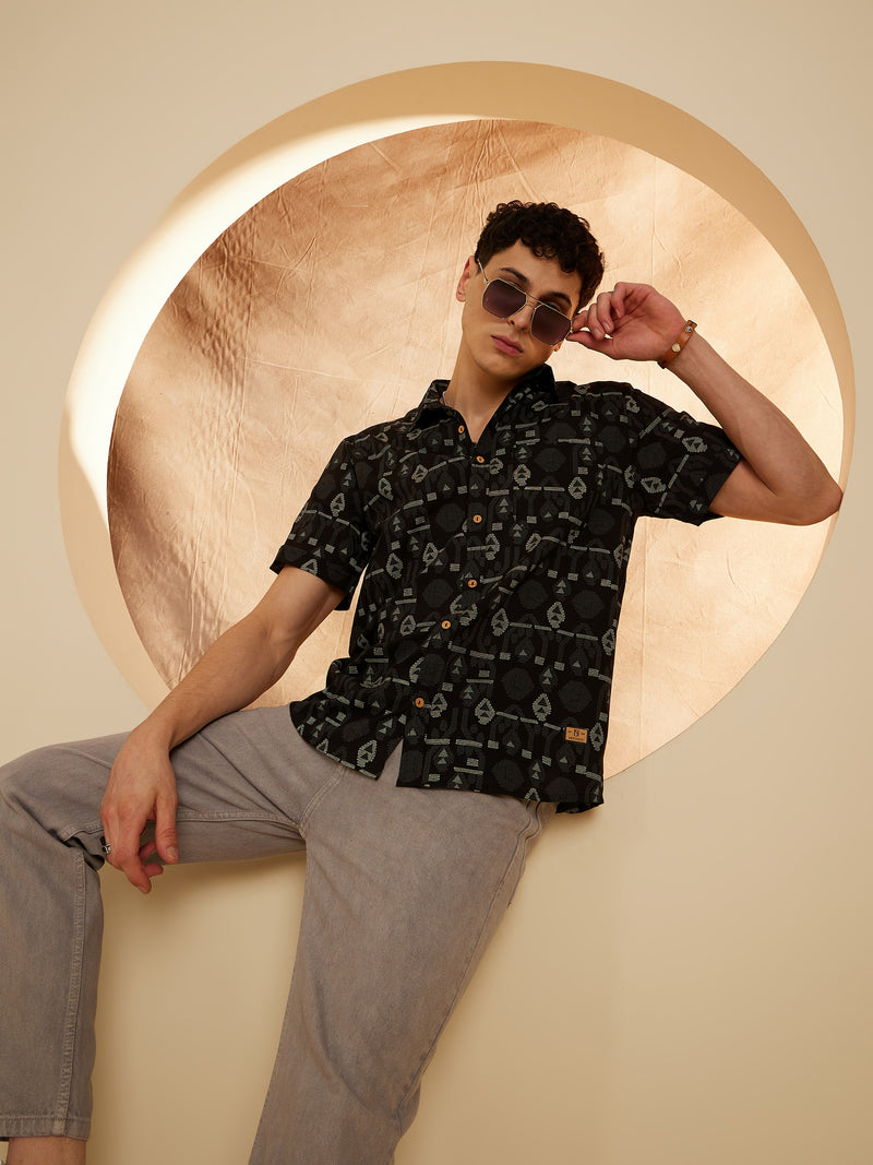 Black: Half Sleeves Geometric Printed Shirt
