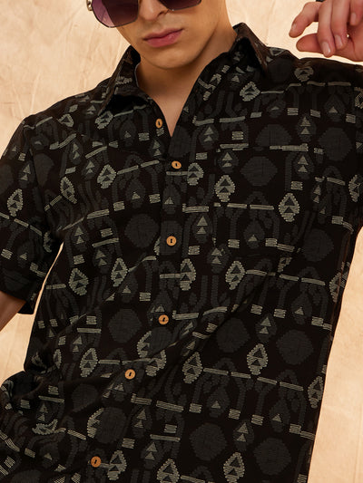 Black: Half Sleeves Geometric Printed Shirt