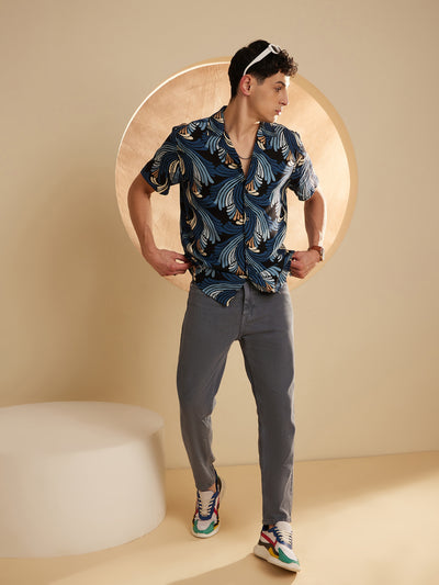 Black & Teal Blue: Half Sleeves Floral Printed Shirt