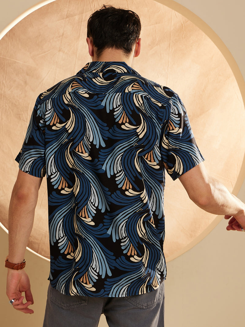 Black & Teal Blue: Half Sleeves Floral Printed Shirt