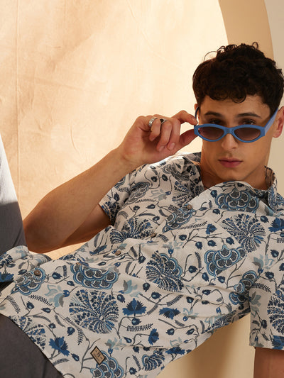 White & Blue: Half Sleeves Floral Block Printed Shirt