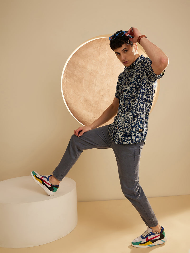 Blue & Cream: Half Sleeves Block Printed Shirt