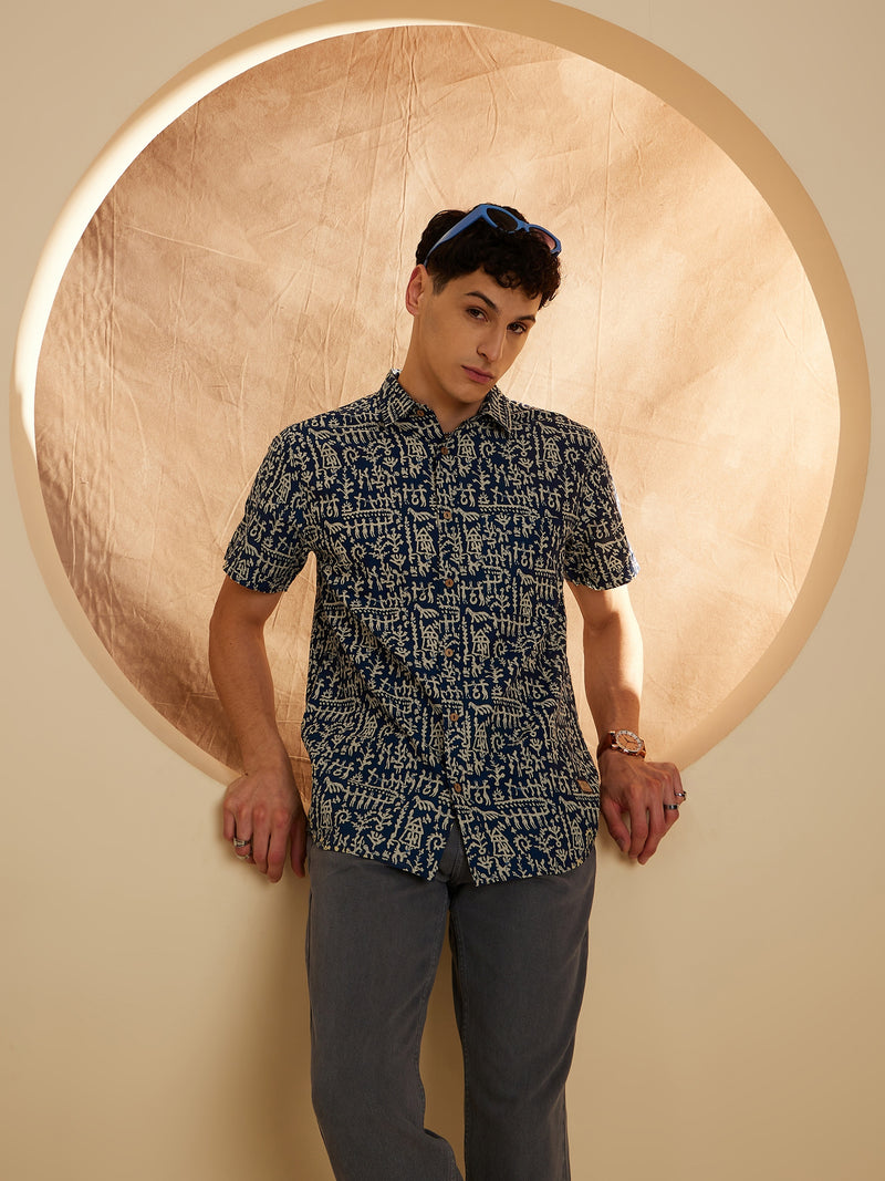 Blue & Cream: Half Sleeves Block Printed Shirt