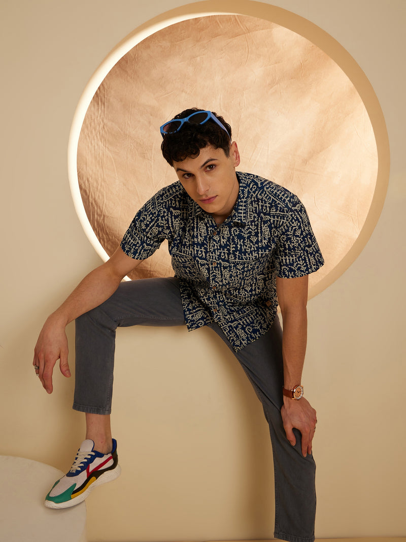 Blue & Cream: Half Sleeves Block Printed Shirt