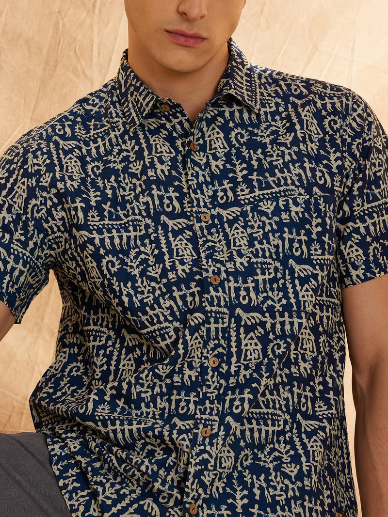 Blue & Cream: Half Sleeves Block Printed Shirt