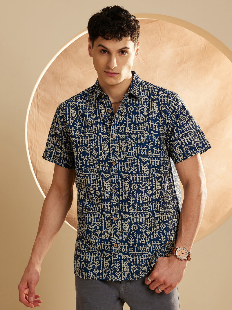 Blue & Cream: Half Sleeves Block Printed Shirt