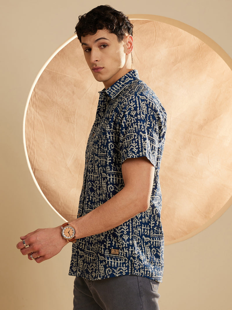 Blue & Cream: Half Sleeves Block Printed Shirt