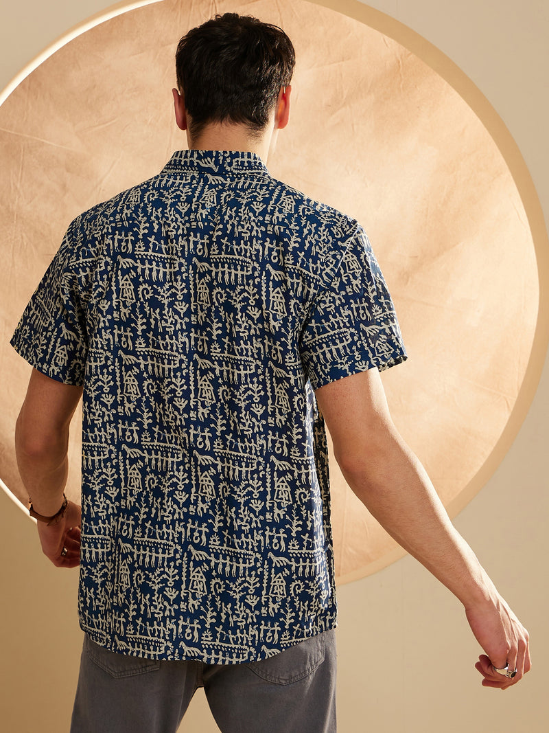 Blue & Cream: Half Sleeves Block Printed Shirt
