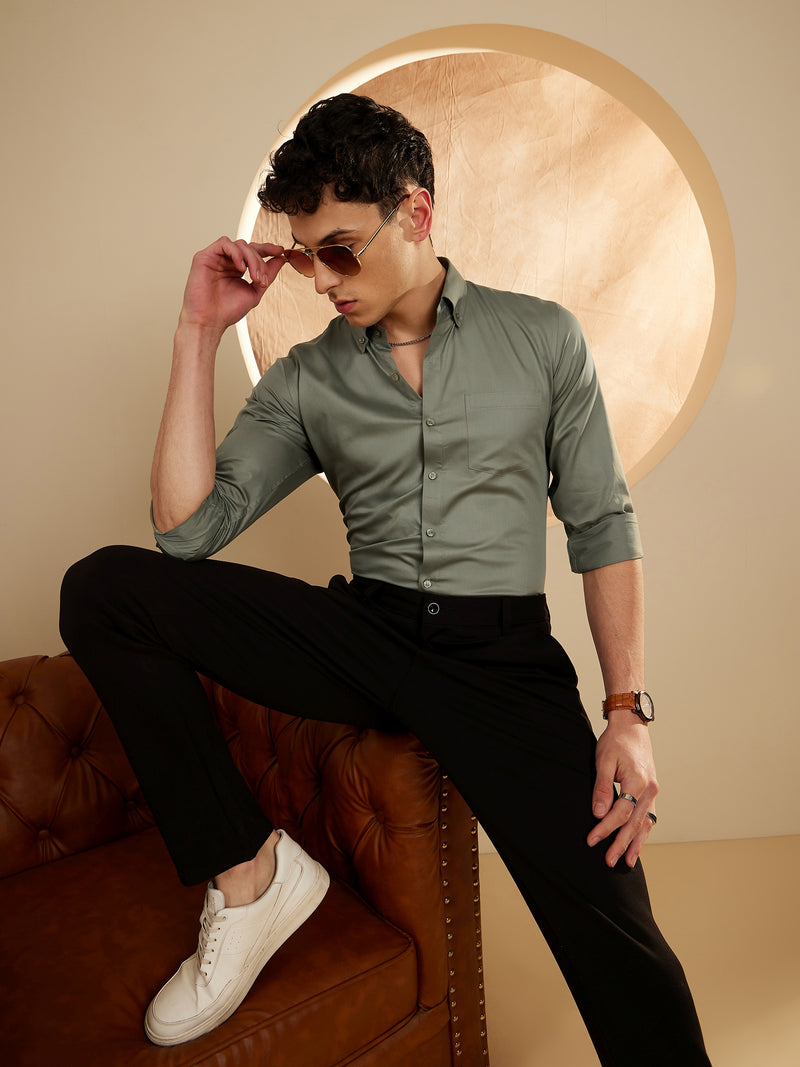Men Olive Green Smart Slim Fit Opaque Formal Shirt