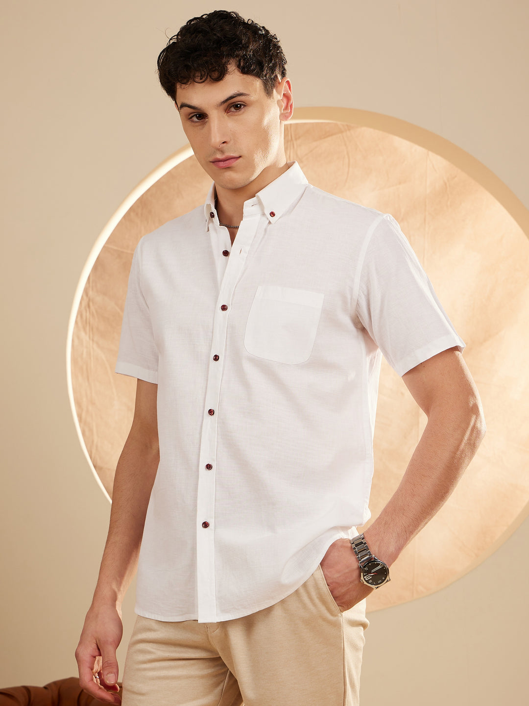Men White Smart Slim Fit Solid Cotton Linen Casual Shirt