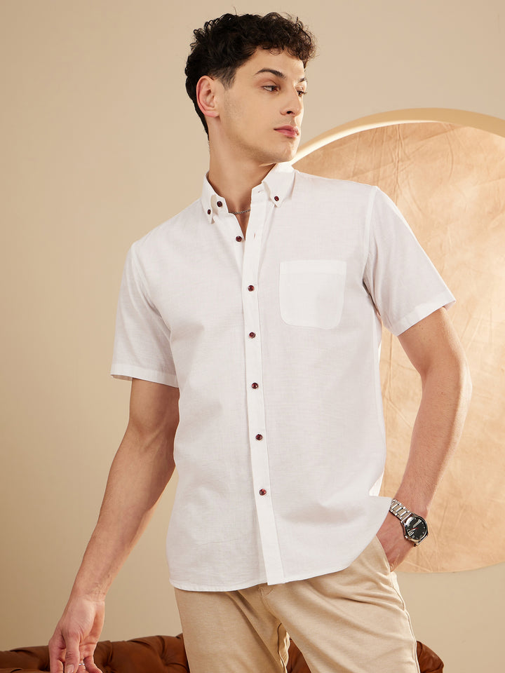 Men White Smart Slim Fit Solid Cotton Linen Casual Shirt