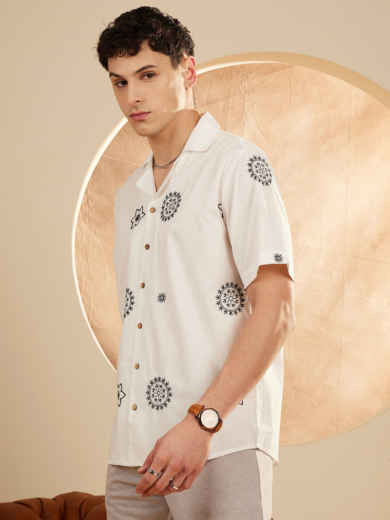 White: Half Sleeves Embroidery Casual Shirt