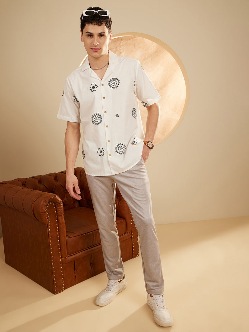 White: Half Sleeves Embroidery Casual Shirt