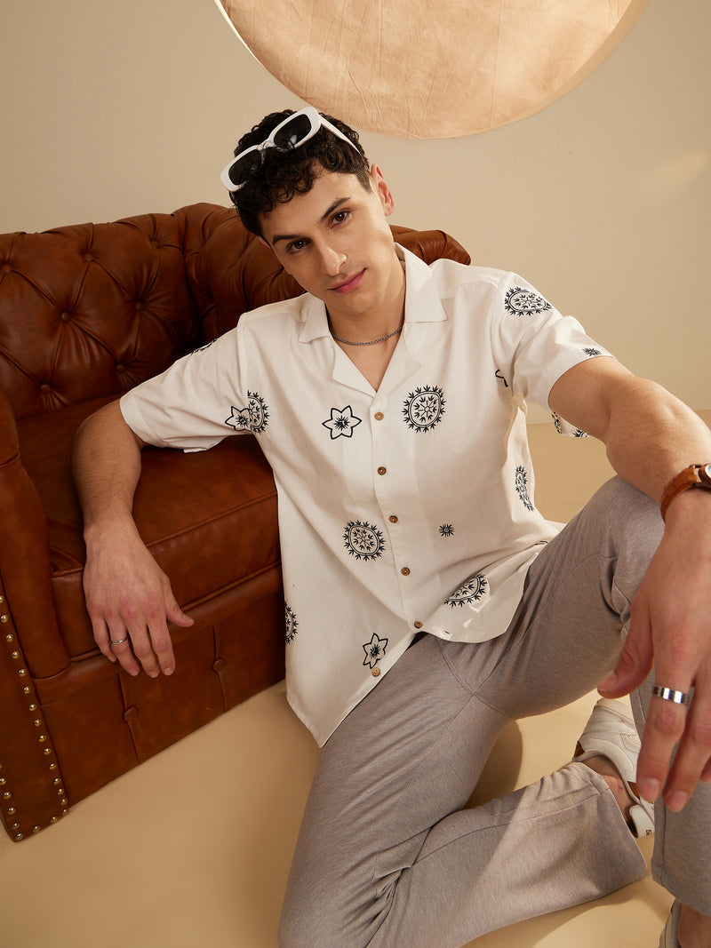 White: Half Sleeves Embroidery Casual Shirt