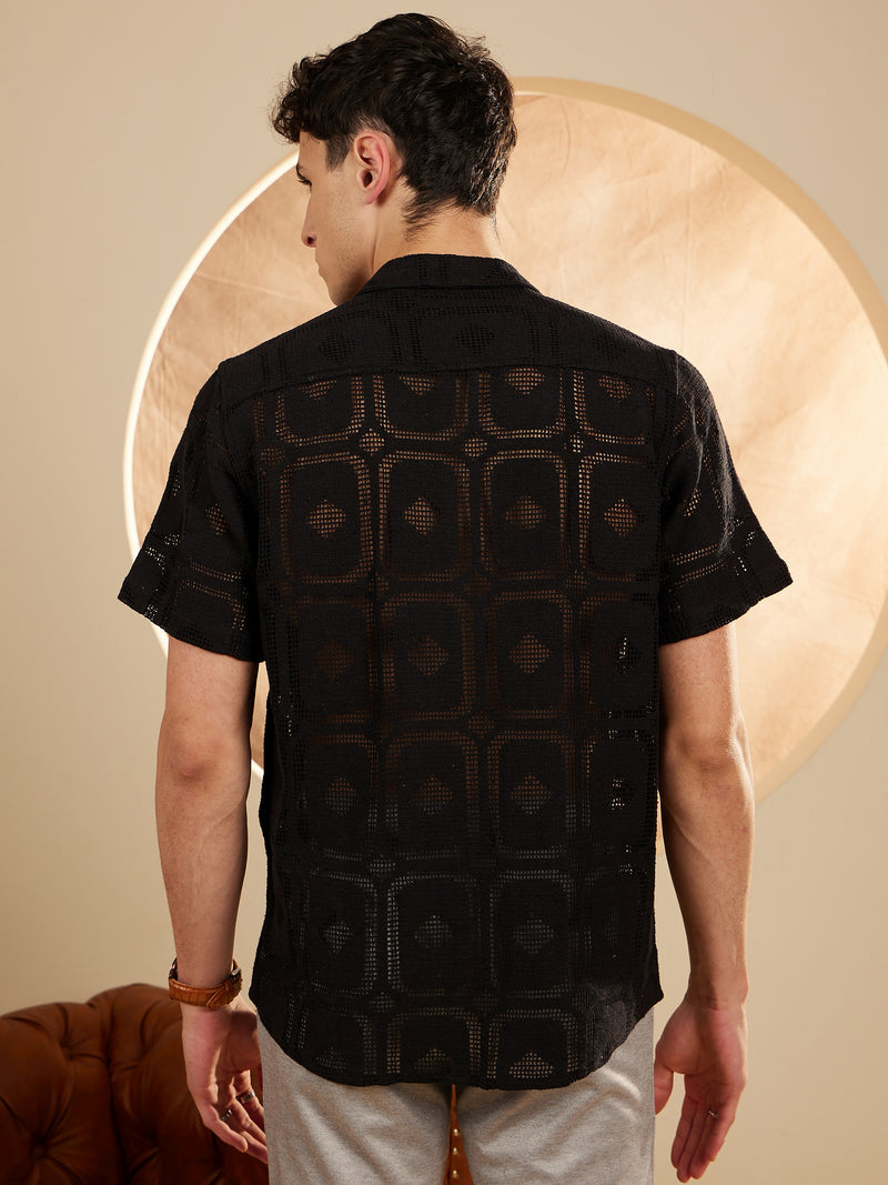 Black: Half Sleeves Semi Sheer crochet Shirt